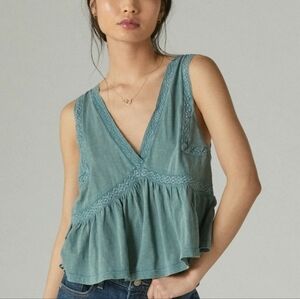 Lucky Brand Lace-Trim Peplum Tank with Tassel Tie Back - Sage Green - Size M